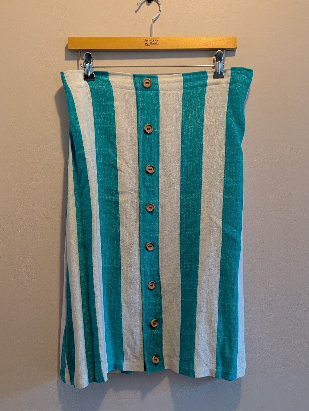 Linen Blend Striped Teal and White Button-Front Summer Skirt